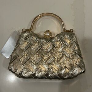 Fox’s Boutique Elegant Gold Woven Clutch with Pearl Detail
